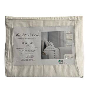 London Kaye Twin Sheet Set‎ Green Mushroom Embroidered White Cotton 70s Retro